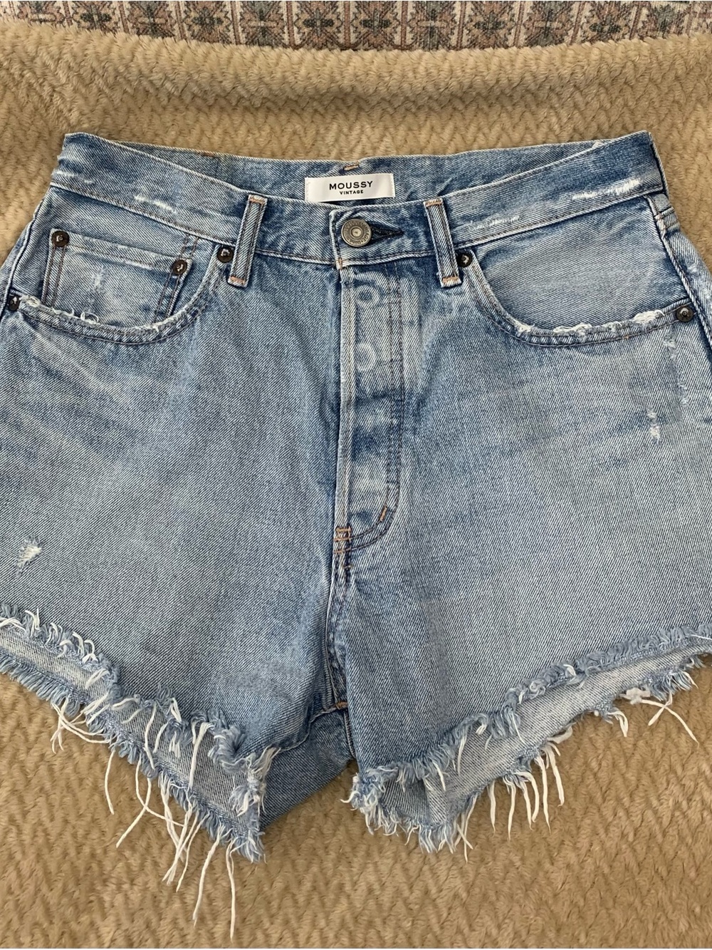 Moussy Washed Light Blue High-Rise Frayed Denim Shorts